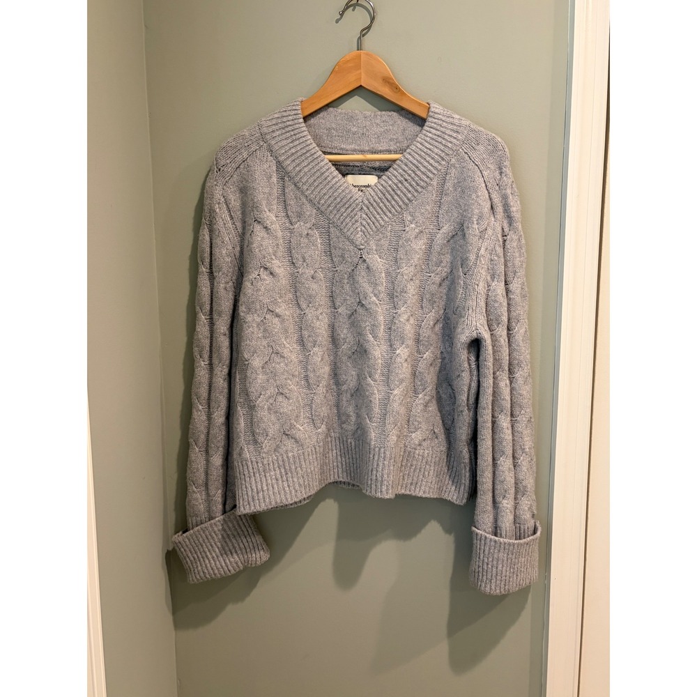 Abercrombie & Fitch Womens Grey Cable Knit V-Neck Sweater XS Wool Blend
